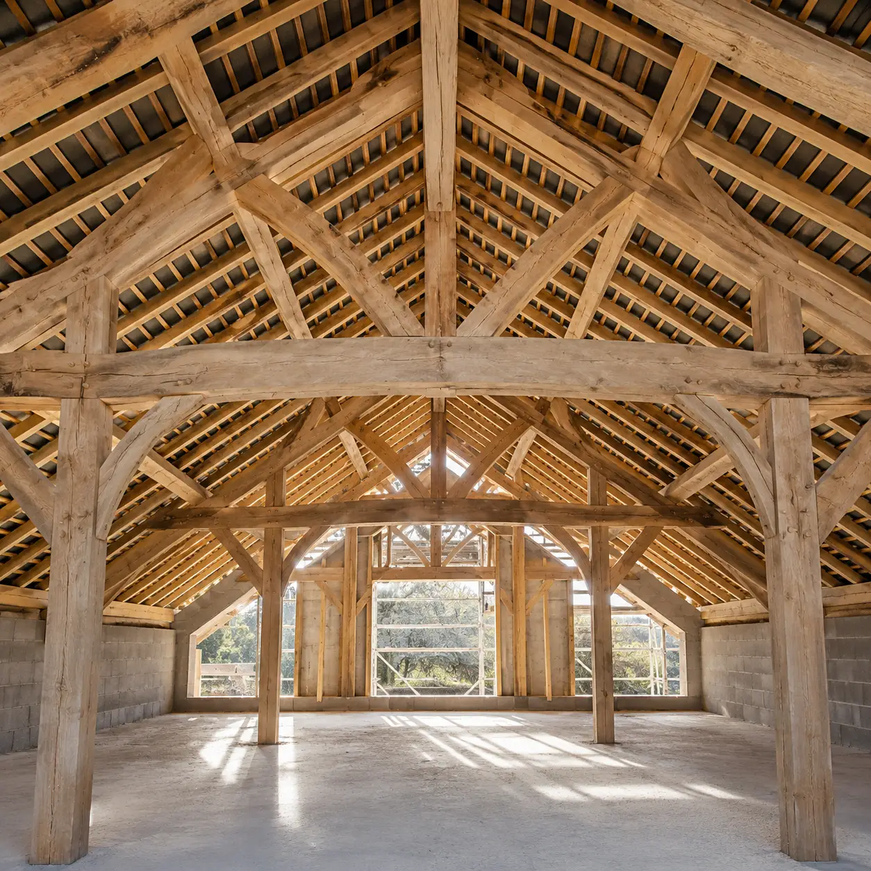 Charpente en bois baignée de lumière