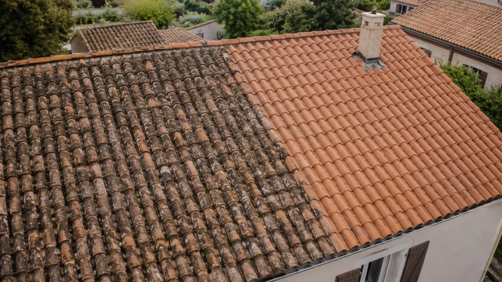 Contraste entre tuiles anciennes et neuves