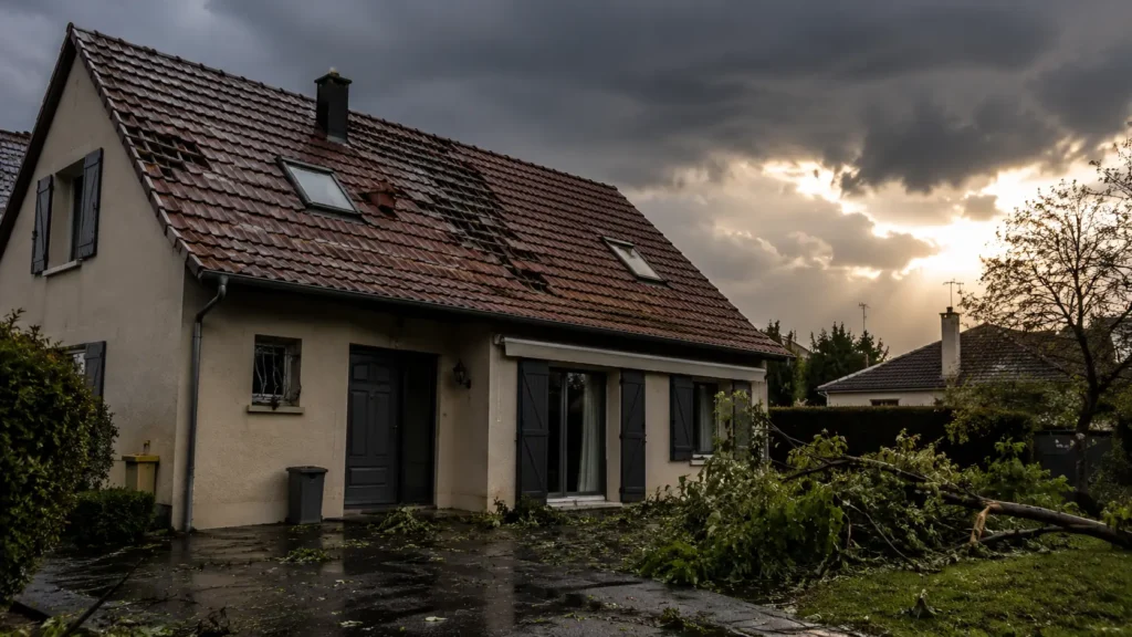 Maison après la tempête sous un ciel dramatique