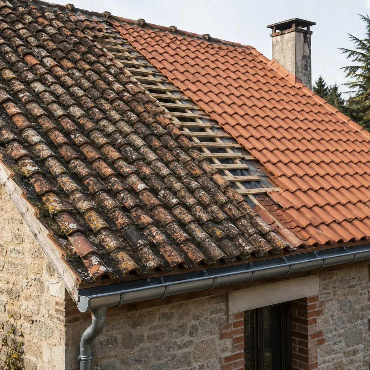 Rénovation d’un toit en tuiles anciennes et neuves