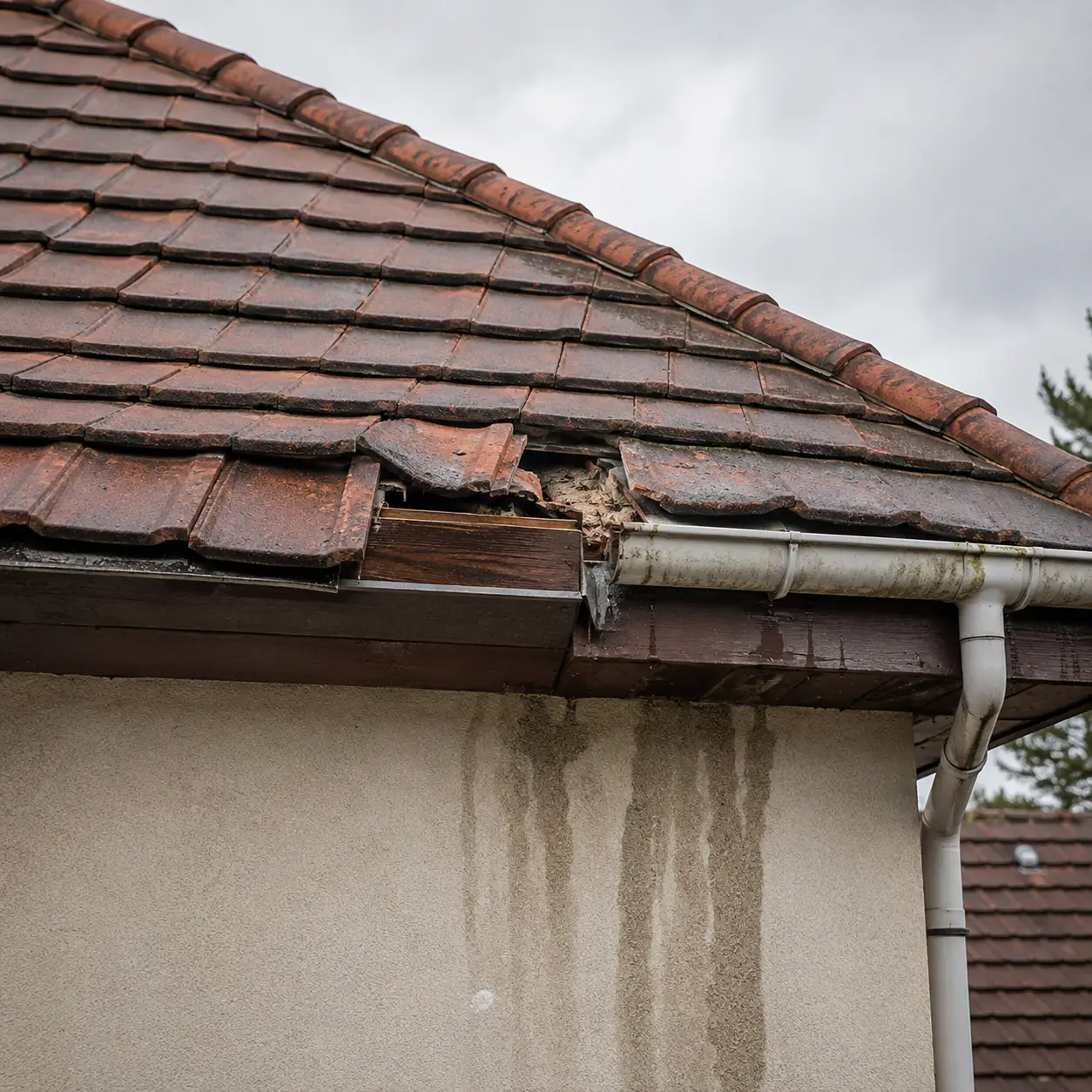 Toiture endommagée sous la pluie